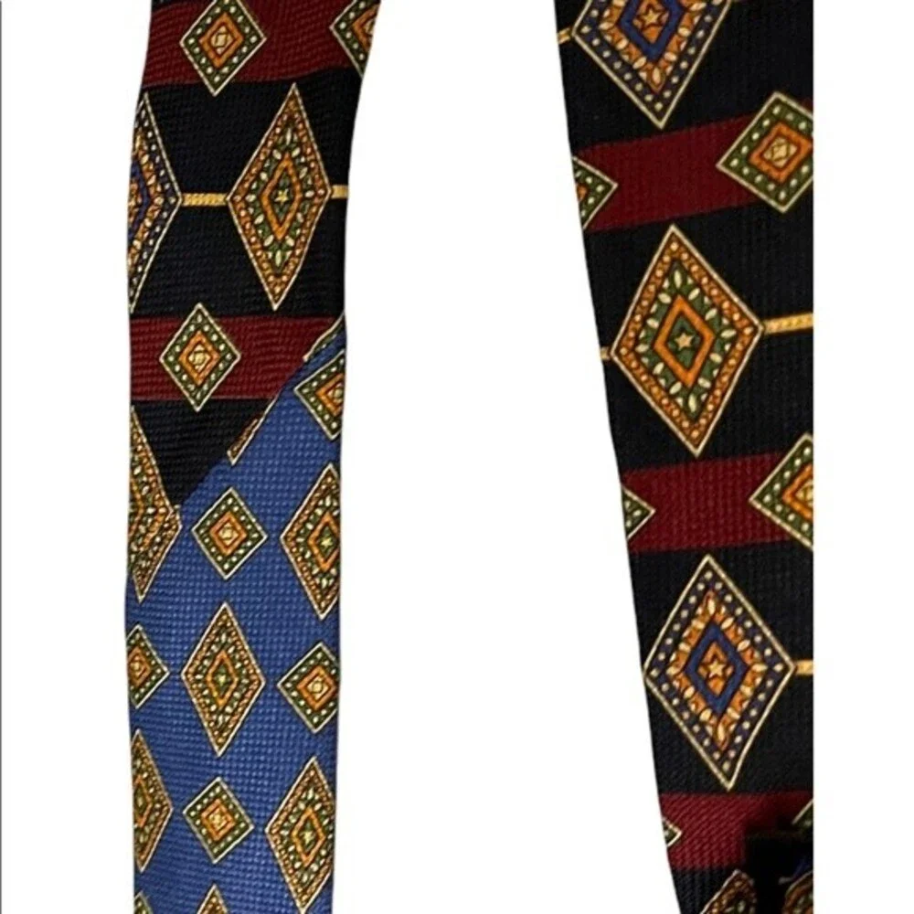 Tommy Hilfiger Tie.Diamond Pattern w/ Red and Blue Stripes.Imported Italian Silk